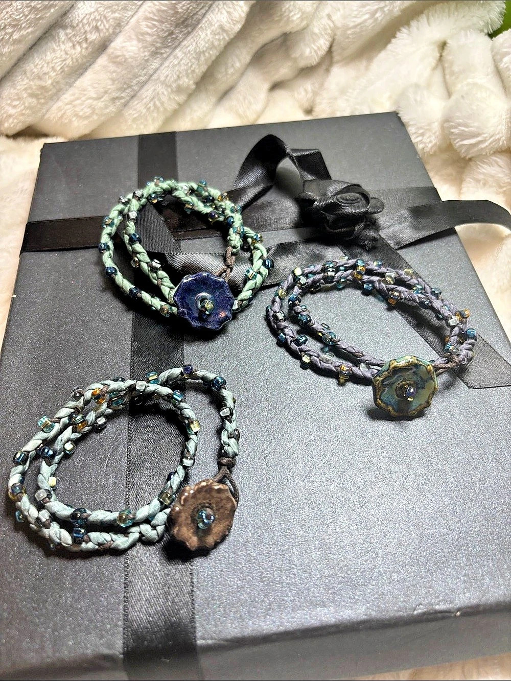 3 Wrap around Beaded Bracelets in Blue & Green Like New